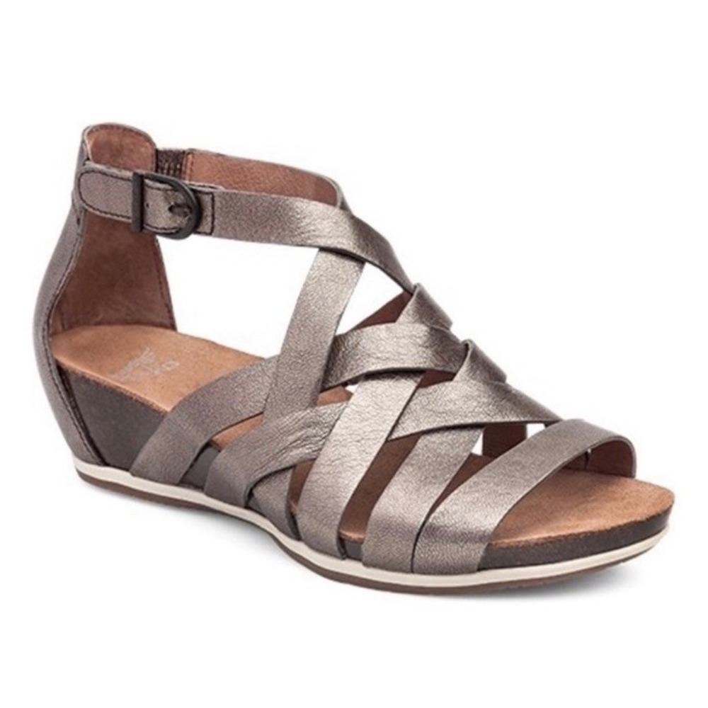Dansko Vivian Gladiator Pewter Leather Strappy Wedges Sandals EU 37 Womens 6.5-7